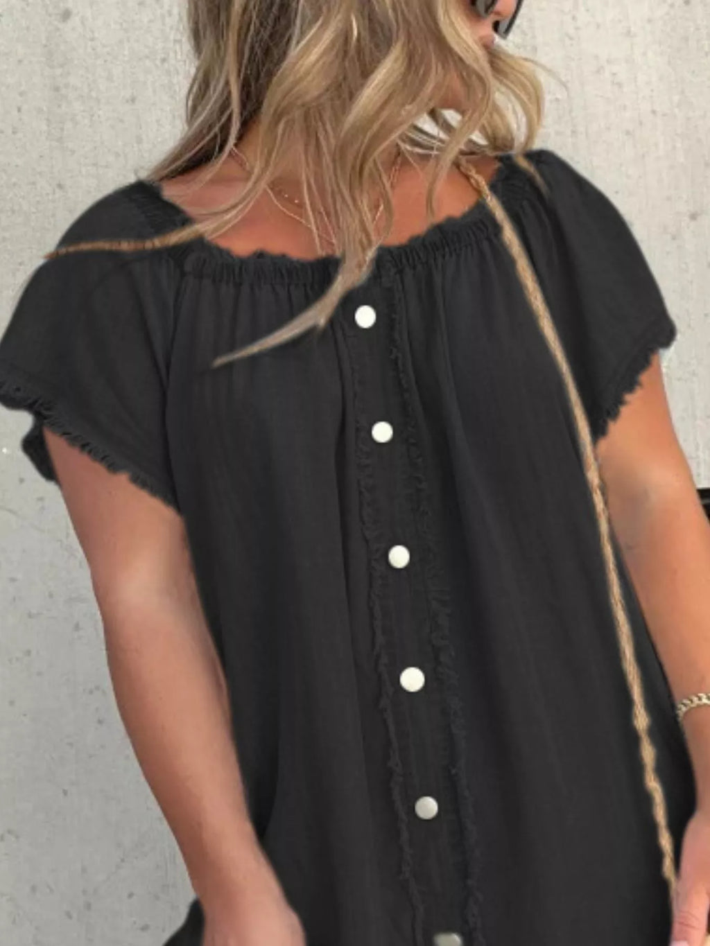 Full Size Off-Shoulder Button-Down Frayed Denim Dress Plus Size