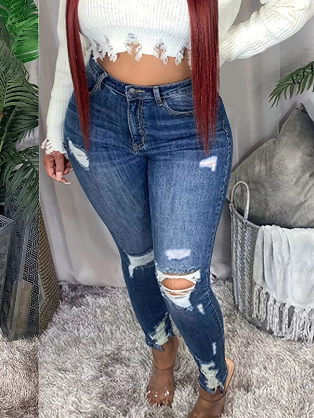 Plus Size Slim Fit Distressed Jeans