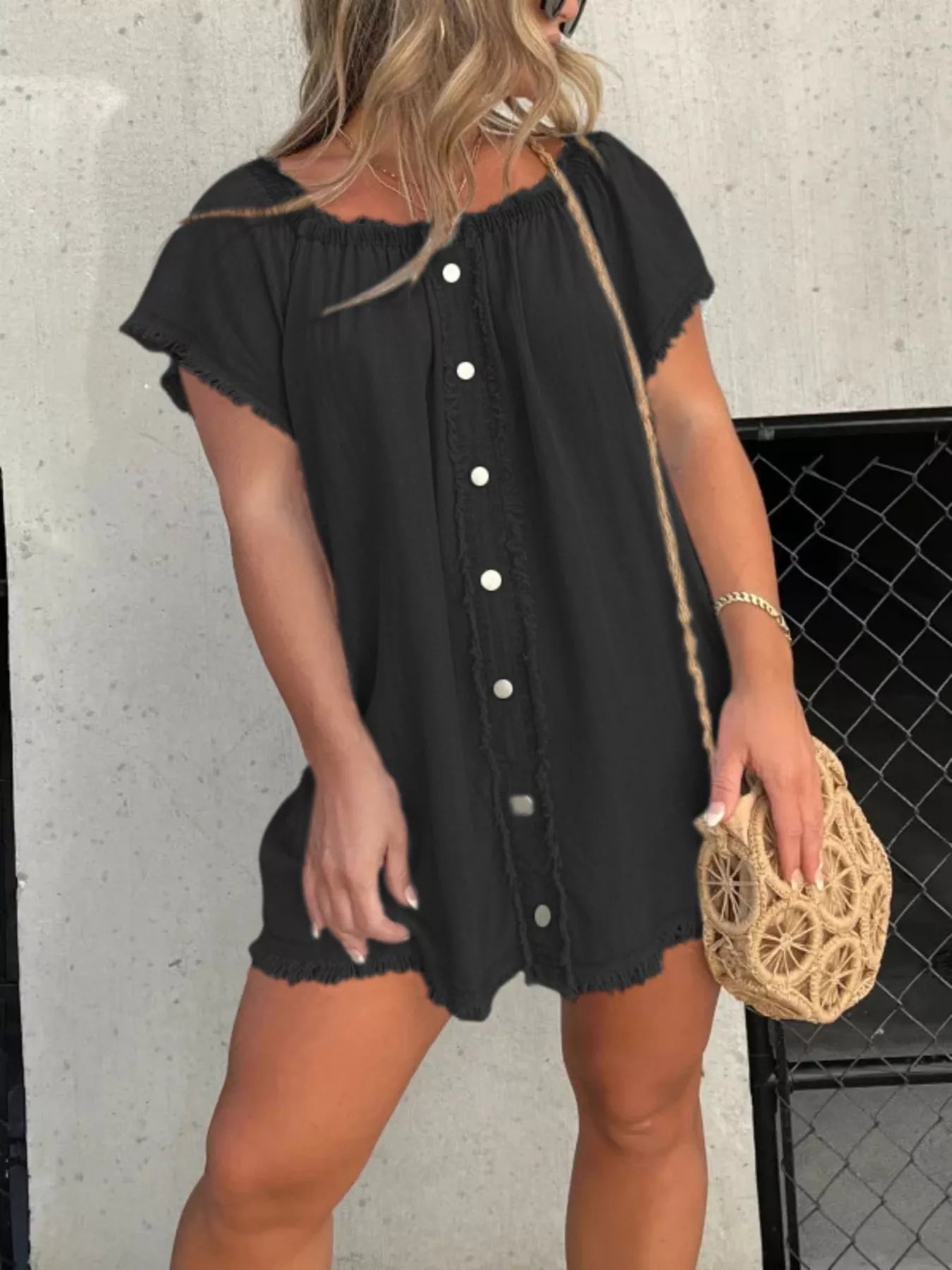Full Size Off-Shoulder Button-Down Frayed Denim Dress Plus Size