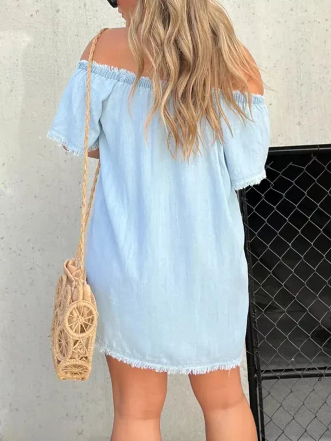 Full Size Off-Shoulder Button-Down Frayed Denim Dress Plus Size