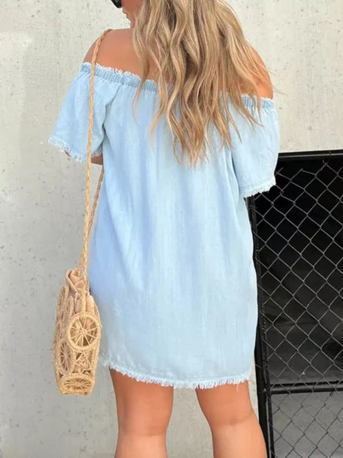 Full Size Off-Shoulder Button-Down Frayed Denim Dress Plus Size