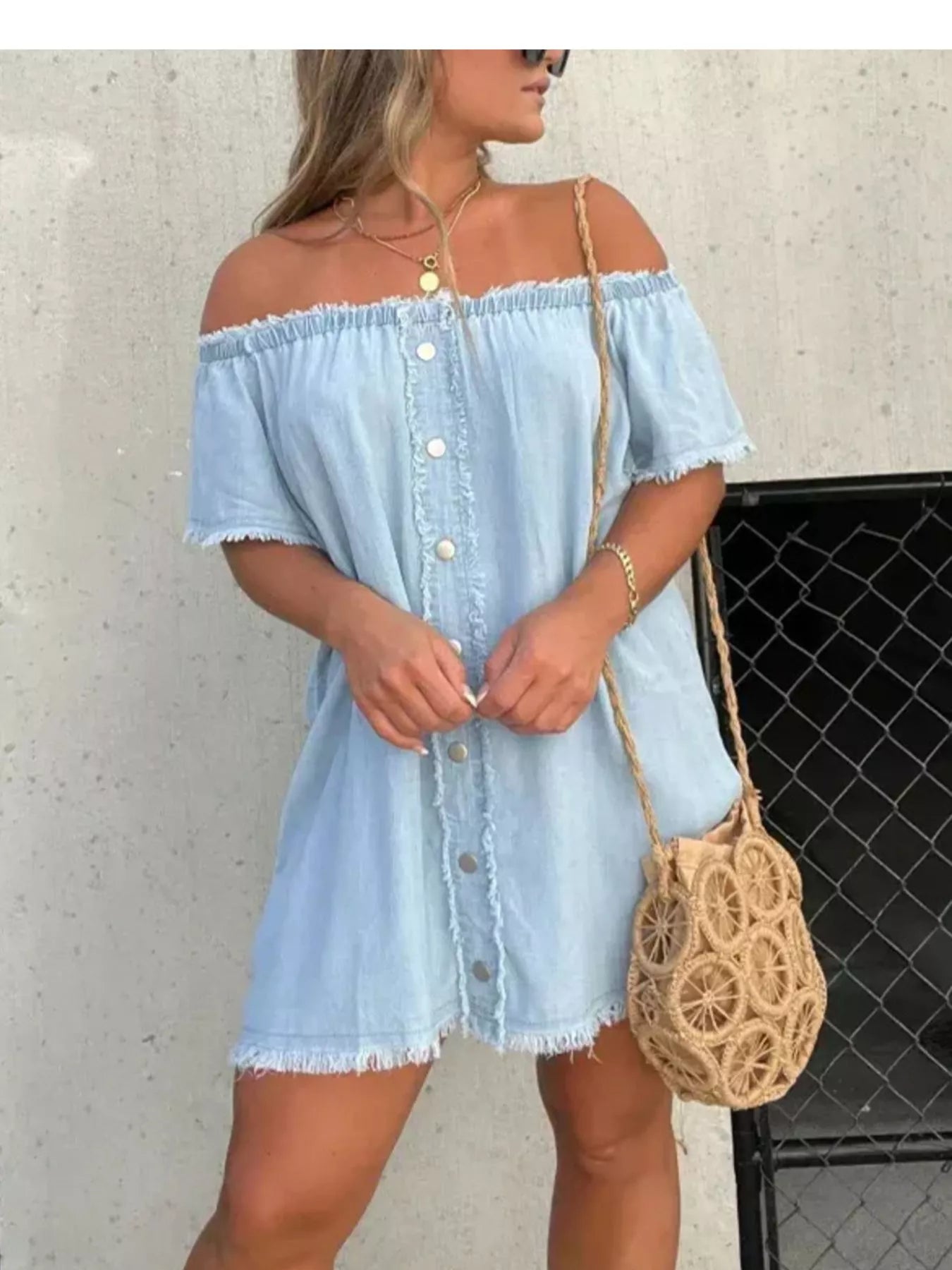 Full Size Off-Shoulder Button-Down Frayed Denim Dress Plus Size