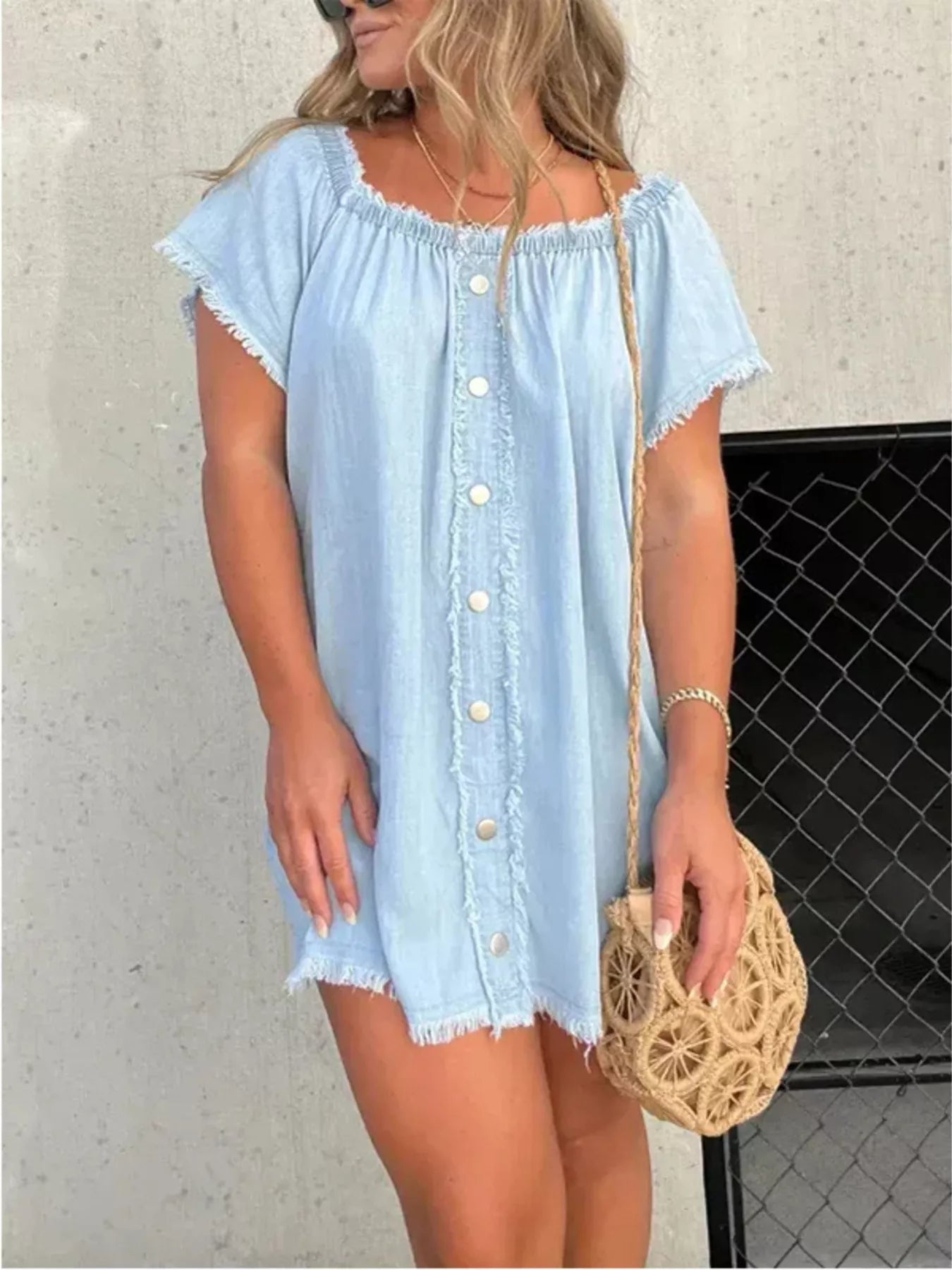 Full Size Off-Shoulder Button-Down Frayed Denim Dress Plus Size