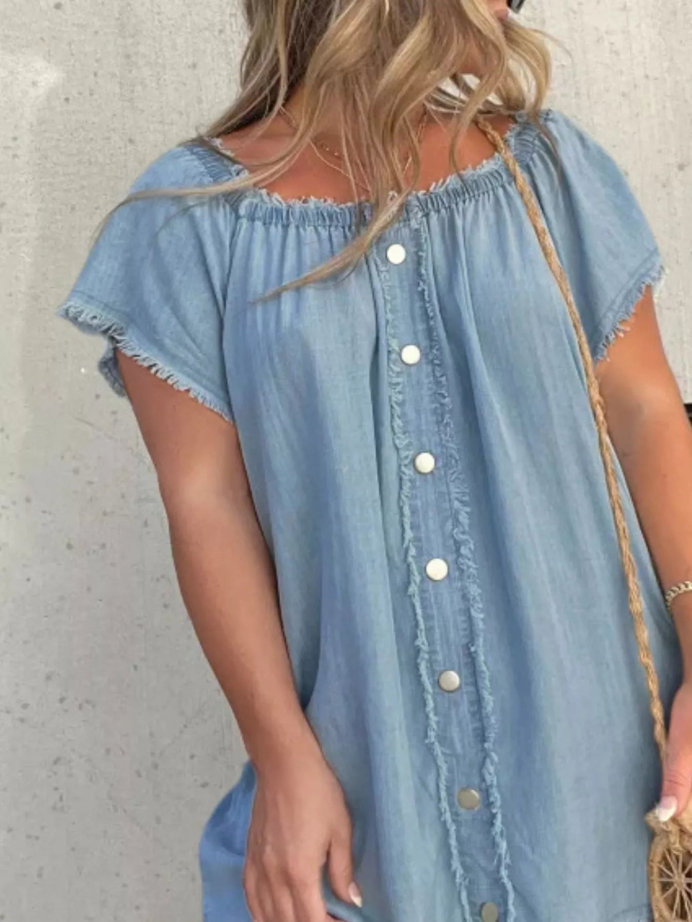 Full Size Off-Shoulder Button-Down Frayed Denim Dress Plus Size